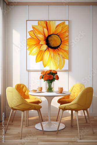 Yellow dining room with a sunflower painting, table and chairs in a modern interior style with a touch of rustic charm photo