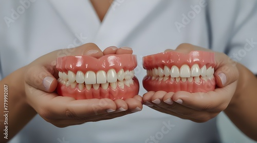 Dentist holding dentures in her hands .Generative AI 
