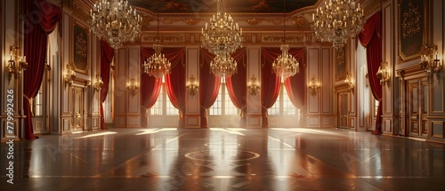 Regal Ballroom Elegance with Opulent Chandeliers. Concept Elegant Ballroom Decor, Opulent Chandeliers, Regal Atmosphere