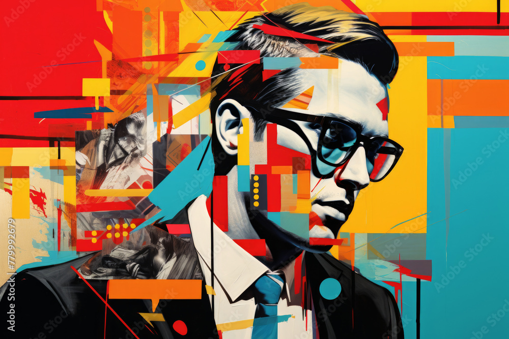 A stylized portrait of a young man with glasses colorful collage of vibrant abstract blend of colors and shapes in the background. Contemporary modern trendy stylish pop art drawing in bold hues - obrazy, fototapety, plakaty 