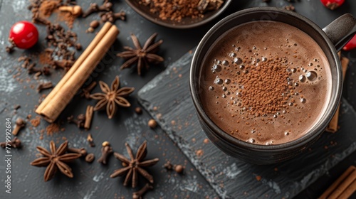  Two mugs of hot chocolate on the table, accompanied by cinnamon sticks, star anise, and seeded star anise © Jevjenijs