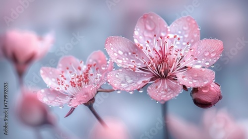  A tight shot of a pink blossom adorned with water droplets on its petals, surrounded by an out-of-focus backdrop