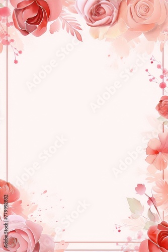 Delicate pink and red roses frame a white background.
