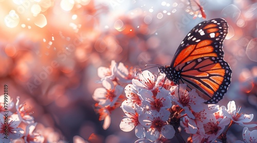  A tight shot of a butterfly atop a flower, surrounded by soft, hazy background where backlight gently filters through, illuminating the butterfly © Jevjenijs