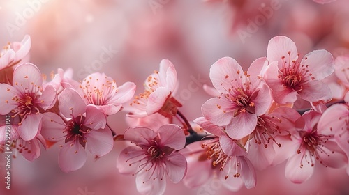   A tight shot of pink blooms on a tree branch, background softly blurred © Jevjenijs
