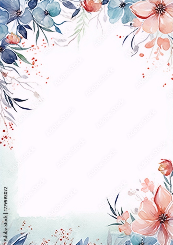 Obraz premium Delicate watercolor floral frame with blue, pink and orange flowers and green leaves on a white background, perfect for wedding invitations, save the dates, and other special events.