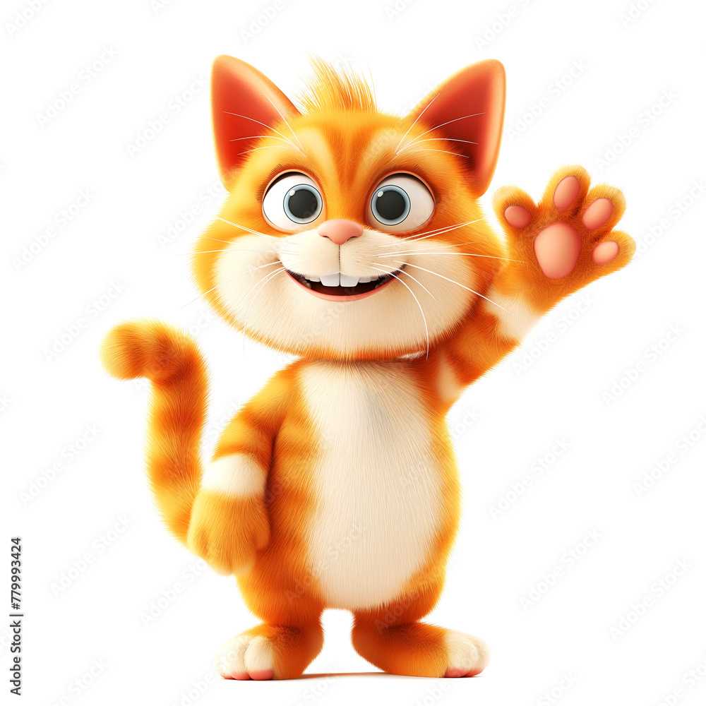 Smiling friendly ginger striped cat cartoon character in 3d design style waving hi hello goodbye on white background. Cute fantasy animals concept