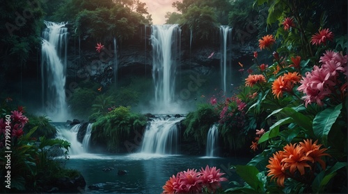 Digital Illustration of Exotic Waterfalls Landscape for Wallpaper and Digital Print