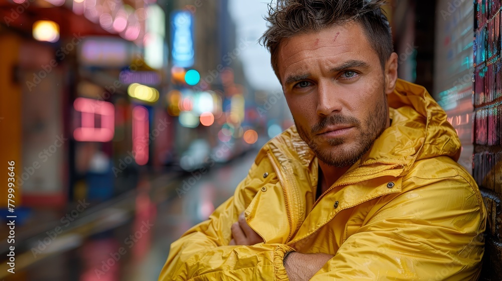 A man in a yellow jacket leans against a city wall, crossing his arms A man in a yellow jacket leans against a city wall, crossing his arms