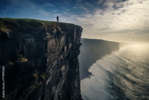 Daring Girl stands edge cliff nature. Sunrise travel view summer cliff. Generate Ai