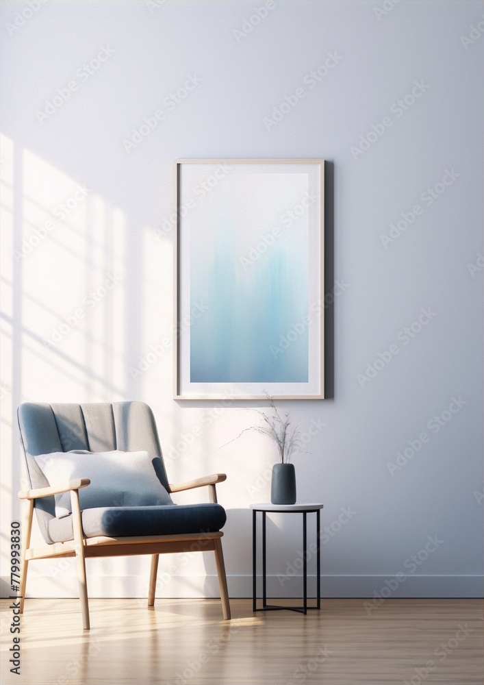 Blue and white abstract painting in a minimalist interior with a mid-century modern armchair and a small table with a vase on it Blue and white abstract painting in a minimalist interior with a mid-century modern armchair and a small table with a vase on it