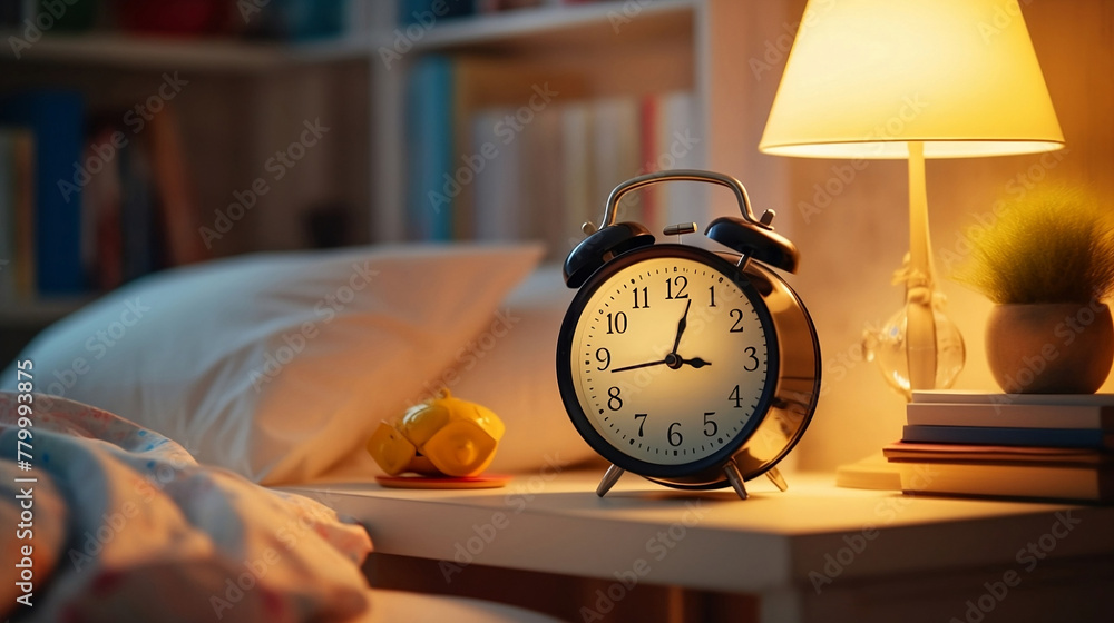 Naklejka premium Alarm clock on a nightstand in a room