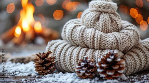  A knitted hat atop snow, alongside a pine cone on a weathered table