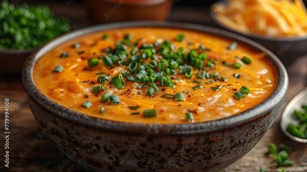 A close-up of a bowl of soup on a table, accompanied by two bowls of chips A close-up of a bowl of soup on a table, accompanied by two bowls of chips