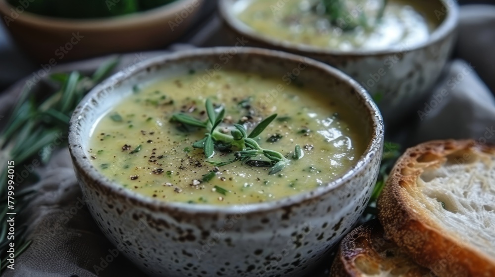A tight shot of a bowl of soup with a bread slice placed in front Another bowl of soup visible behind A tight shot of a bowl of soup with a bread slice placed in front Another bowl of soup visible behind