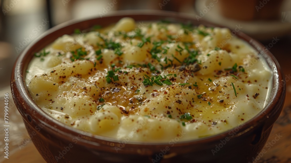 A tight shot of a bowl filled with macaroni and cheese, topped with a parsley sprig A tight shot of a bowl filled with macaroni and cheese, topped with a parsley sprig