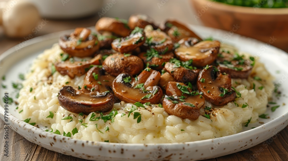 mashed potatoes topped with mushrooms, parsley beside mashed potatoes topped with mushrooms, parsley beside