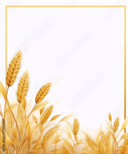 Golden wheat stalks frame a white background.
