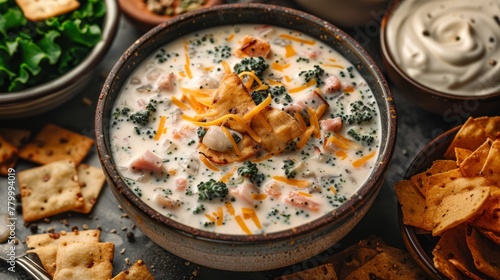  A table laden with a steaming bowl of soup topped with cheese, broccoli, and tortilla chips, accompanied by various other dishes