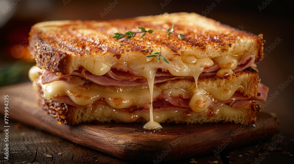 A grilled cheese and ham sandwich placed on a wooden cutting board atop a wooden table A grilled cheese and ham sandwich placed on a wooden cutting board atop a wooden table