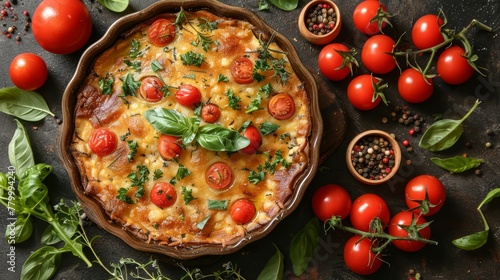  A table displays a casserole dish filled with tomatoes, basil, and assorted vegetables Nearby, a bowl holds additional ripe tomatoes