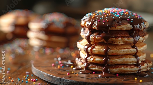  A wooden platter holds a stack of pancakes topped with chocolate frosting and colorful sprinkles