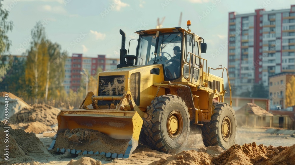 A yellow front loader works on a construction site, building new buildings and houses surrounded by piles of sand.