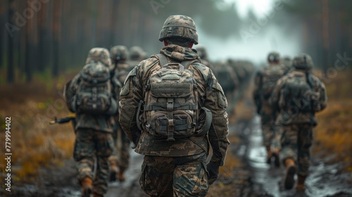   Soldiers traverse a muddy forest path amidst fog, trees looming behind photo