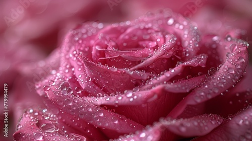   A tight shot of a rosy pink bloom  dewdrops glistening on its petals  backdrop softly blurred