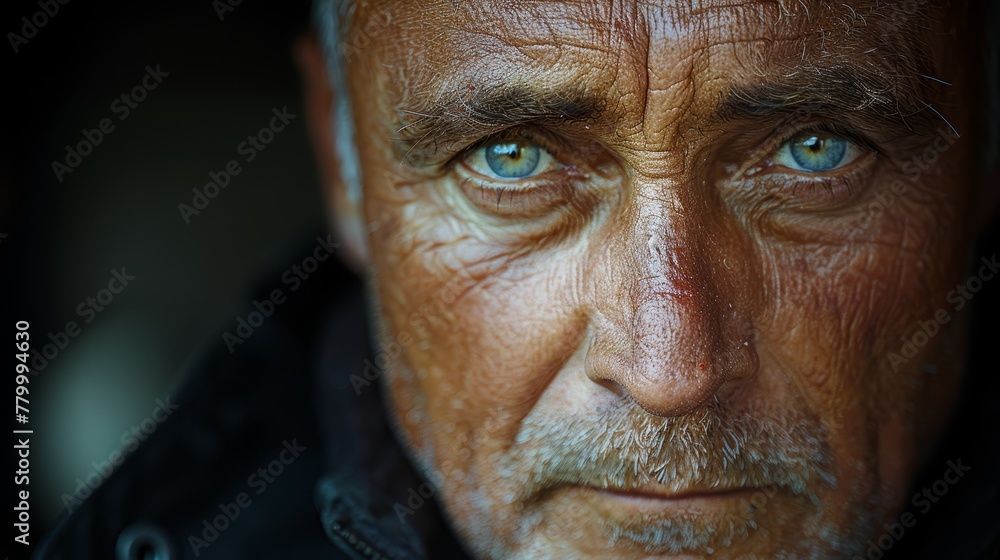 A tight shot of a man's blue eyes gazing intently, dressed in a black jacket A tight shot of a man's blue eyes gazing intently, dressed in a black jacket