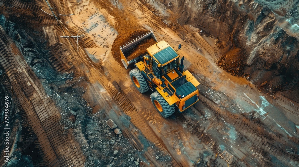 A yellow wheel loader works on a construction site. He uses a modern Forista-style front loader with a large bulldozer to clear the sand. A yellow wheel loader works on a construction site. He uses a modern Forista-style front loader with a large bulldozer to clear the sand.