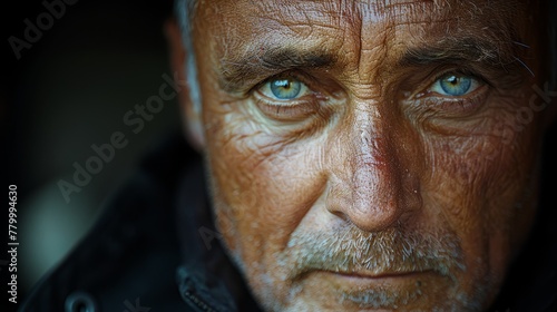   A tight shot of a man's blue eyes gazing intently, dressed in a black jacket © Jevjenijs