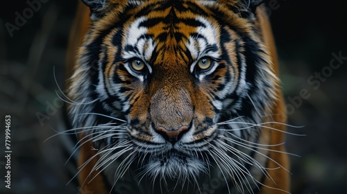  A tight shot of a tiger's face revealing just one eye, positioned opposite sides