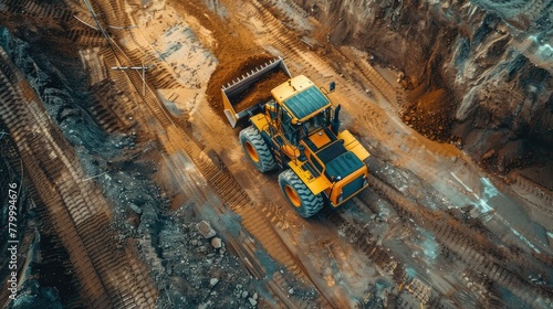 A yellow wheel loader works on a construction site. He uses a modern Forista-style front loader with a large bulldozer to clear the sand.