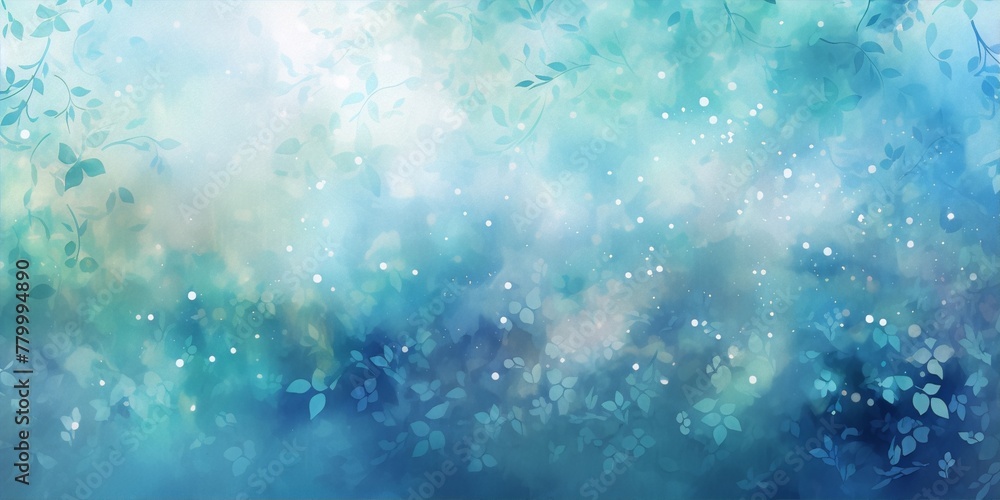 Delicate dreamy blue green leaves and dots pattern on blurred background, digital art, soft pastel colors, interior, nature, Art Nouveau. Delicate dreamy blue green leaves and dots pattern on blurred background, digital art, soft pastel colors, interior, nature, Art Nouveau.