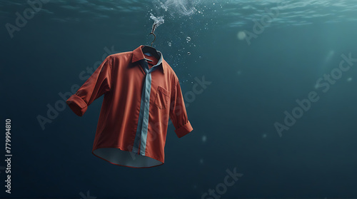 An advertisement style floating shirt with bubbles of laundry work as banner design with copy space, wash photo
