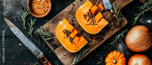   A cutting board bearing sliced pumpkins, nearby is a knife, and atop it rests a bowl of corn photo