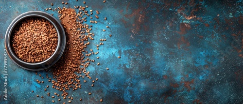   A metal bowl overflowing with dog food sits atop a colorful tablecloth, its blue and brown hues contrasting the heap of additional kibble nearby photo