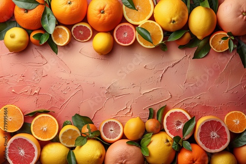 Citrus fruits creatively organized around the periphery, exposing a textured pink area in the middle, space for text.