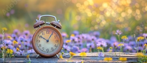   A clock, positioned in a field, surrounded by purple and yellow blooms Sun rays illuminate the scene from behind
