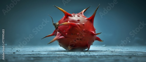   A tight shot of a fruit featuring spiky protusions at its peak and an insect scuttling across its bottom side