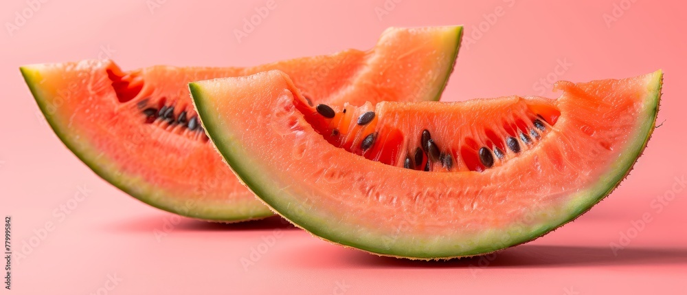 Two slices of watermelon atop a pink counter, accompanied by an individual slice Two slices of watermelon atop a pink counter, accompanied by an individual slice