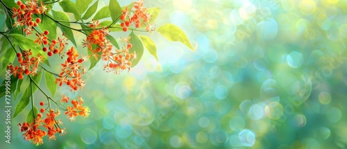   A red-flowered tree branch against a blurred backdrop of blue and green