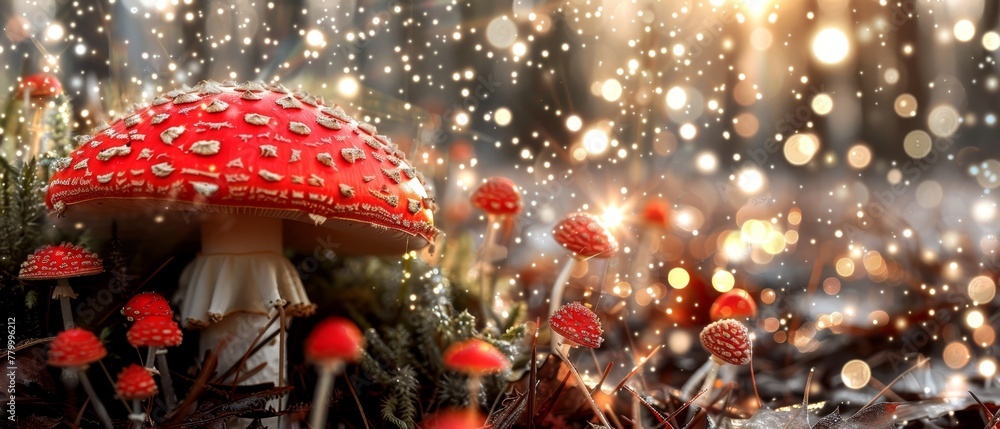   A red mushroom sits amidst a forest, teeming with numerous red and white mushrooms, alongside grass dotted with raindrops