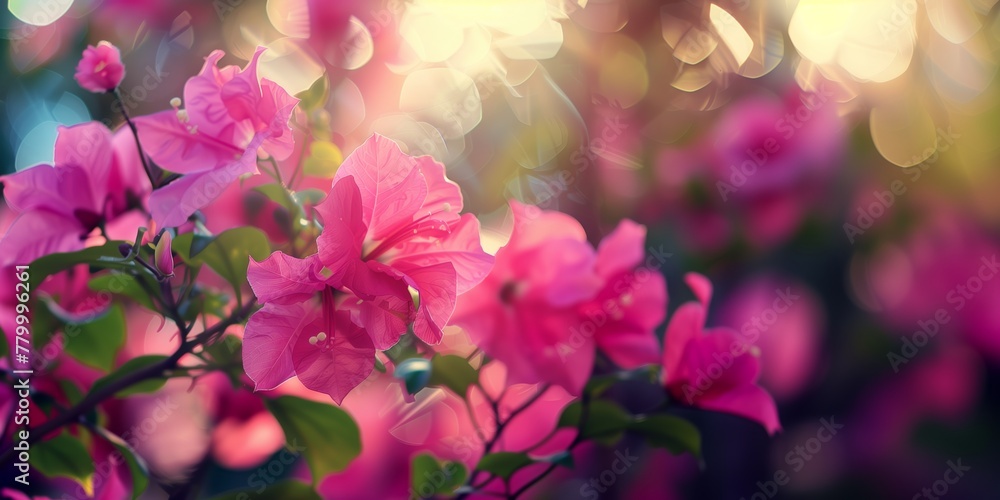 A vibrant pink Bougainvillea flowering plant with a soft and gentle bokeh background in the light of sunset A vibrant pink Bougainvillea flowering plant with a soft and gentle bokeh background in the light of sunset