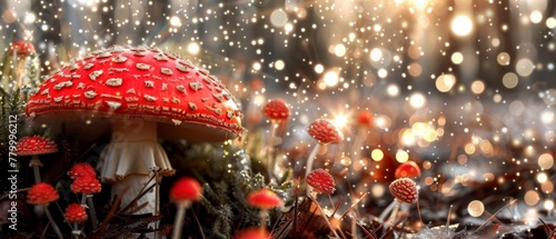   A red mushroom sits amidst a forest  teeming with numerous red and white mushrooms  alongside grass dotted with raindrops