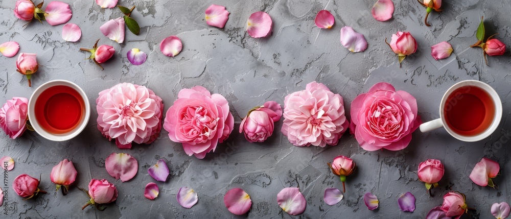 Group of pink flowers nearby, two teacups atop gray surface Petals scatter around Group of pink flowers nearby, two teacups atop gray surface Petals scatter around