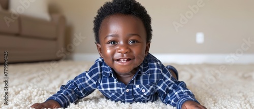   A little boy lies on the floor, hands in pockets, grinning at the camera in a blue-and-white checked shirt photo