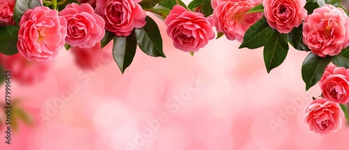   A bouquet of pink roses with green leaves against a backdrop of pink bubble lights