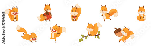 Cute Squirrel Character with Bushy Tail Engaged in Different Activity Vector Set